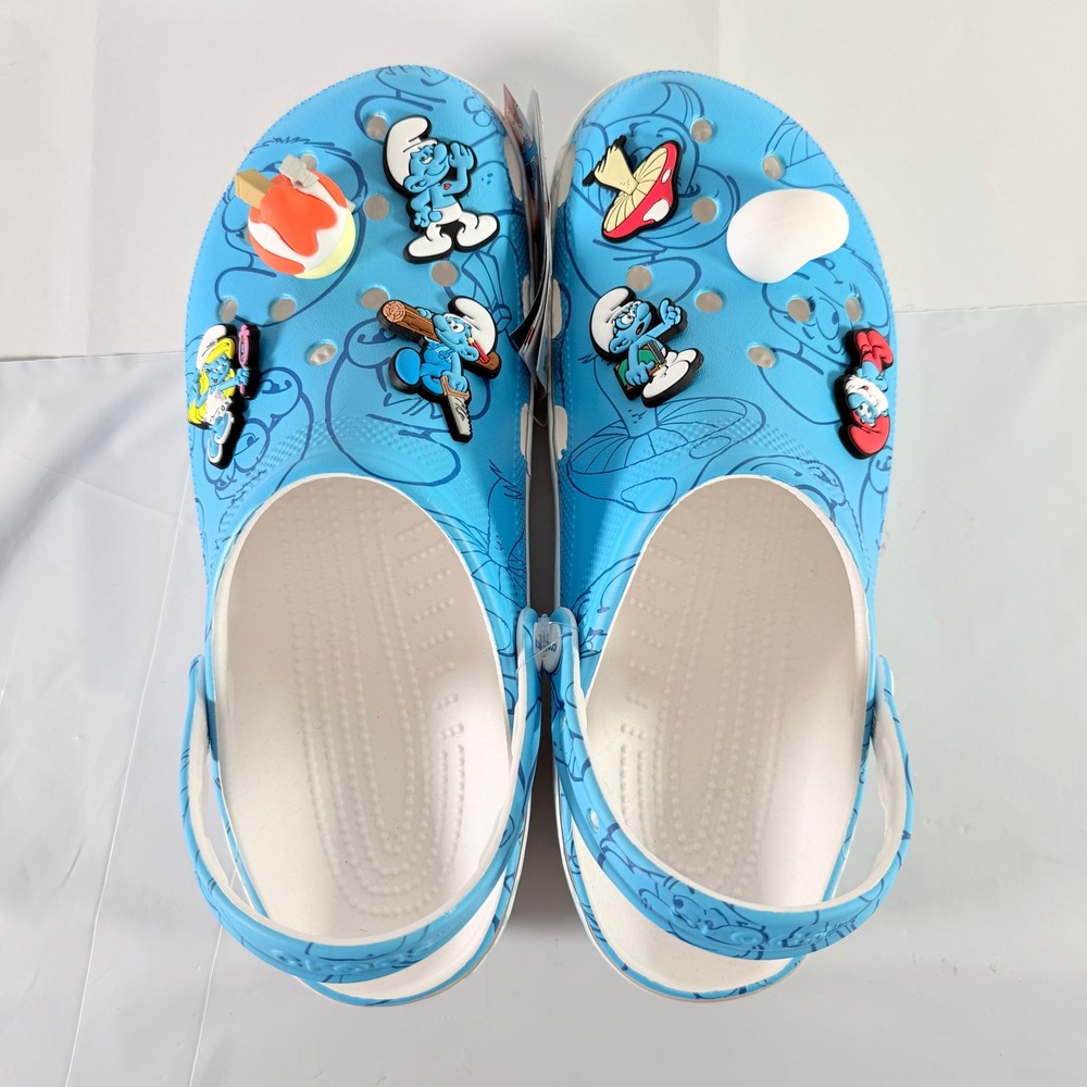 Crocs Smurfs Classic Clog Men 11 Blue‎ White Allover Print Jibbitz Charms NWT